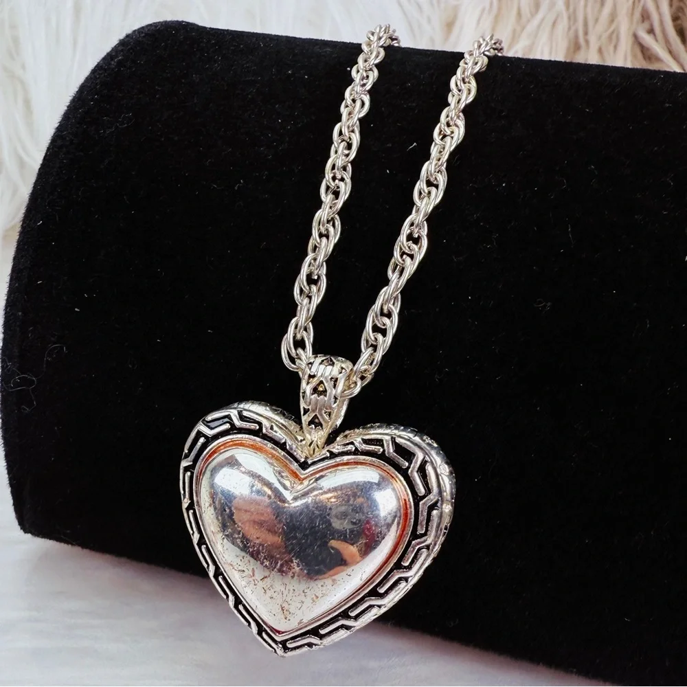 Vintage aged, Silvertone weighted large Heart Pendant Chain Necklace